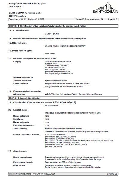 Coratex HT Safety Data Sheet